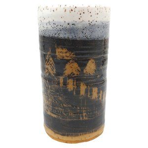 Handmade Signed Pottery Vase Pen Cup - 5" Small Brown Beige Speckled Rustic